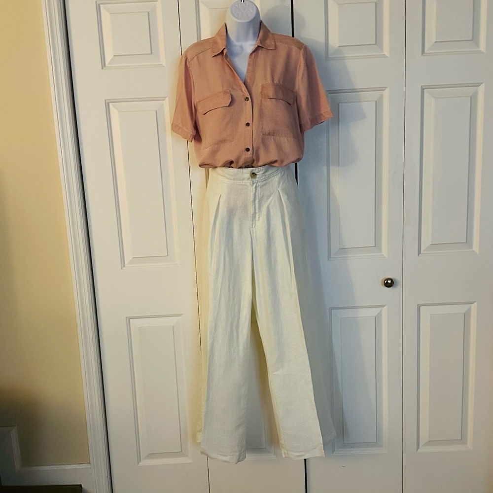 H Halston White Linen Pleated Pants Size 8